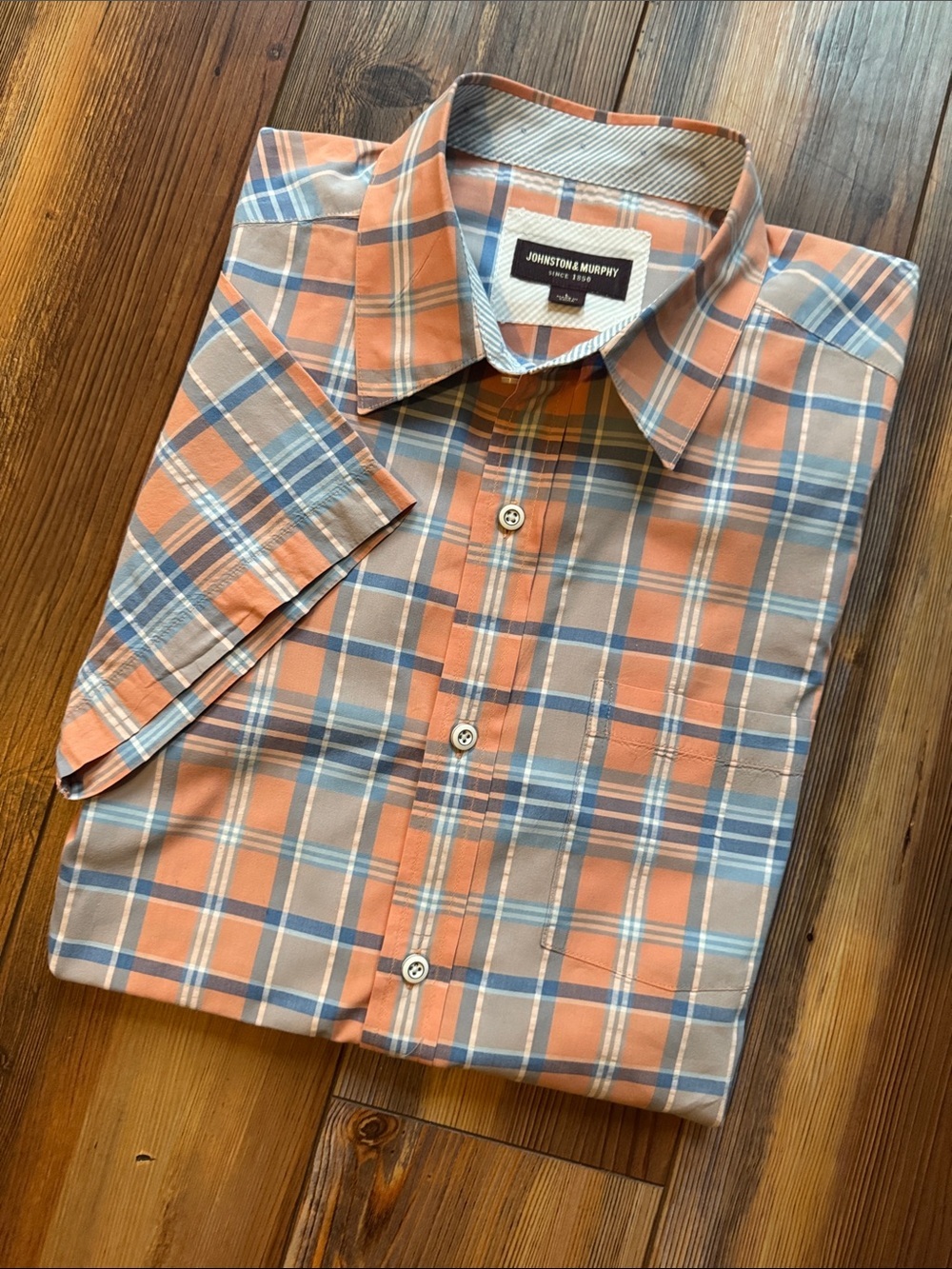 Johnston & Murphy Men’s Large Plaid Button Down Shirt Short Sleeve Orange Blue